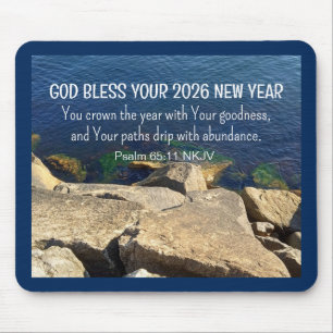 Blue Seashore God Bless New Year 2026 Bible Verse Mouse Mat
