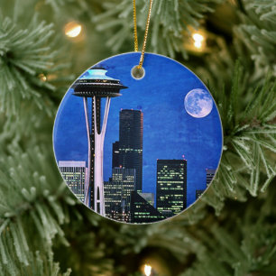 Blue Seattle Skyline Merry Christmas Ceramic Tree Decoration