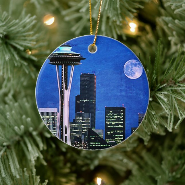 Blue Seattle Skyline Merry Christmas Ceramic Tree Decoration (Tree)