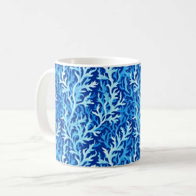 Blue Seaweed Coastal Textile Pattern Coffee Mug (Front Left)