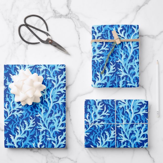 Blue Seaweed Coastal Textile Pattern Wrapping Paper Sheet (Front)