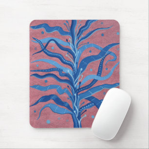 Blue Seaweed Rose Taupe Underwater Absract Floral Mouse Mat