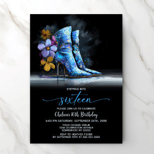 Blue Sequin Boots 16th Birthday Party Invitation