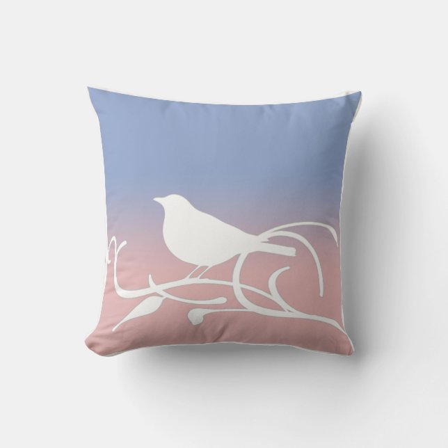 Blue Serenity and Rose Quartz Bird on a Branch Cushion (Front)