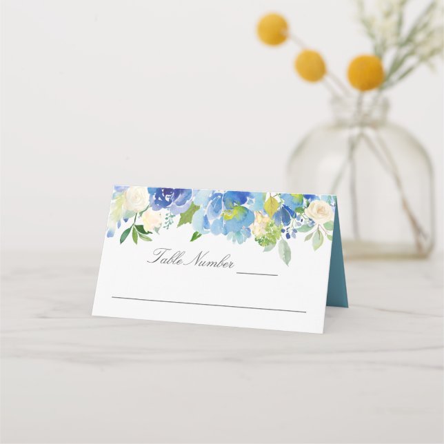 Blue Serenity Watercolor Floral Place Card (Front)