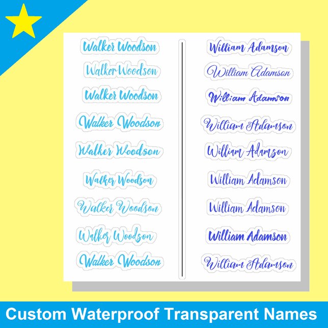 (Blue Set of 18) Transparent Simple Name Stickers (Removable name stickers for boys)
