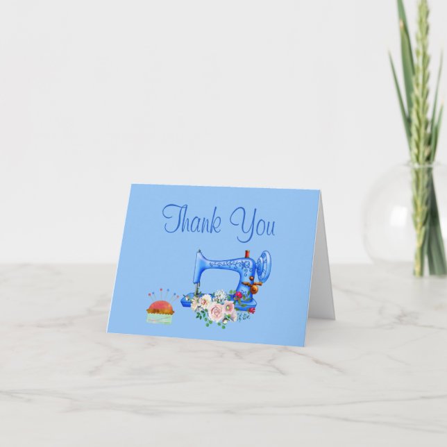 Blue Sewing Machine Thank You Note Card (Front)