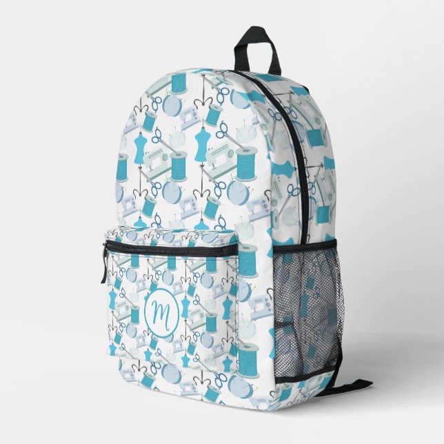 Blue Sewing Theme Quilters Printed Backpack (Back Corner Right)