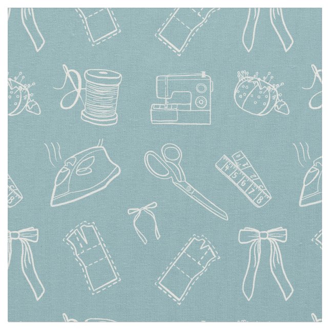 Blue Sewing Themed Pattern Fabric (Close Up)
