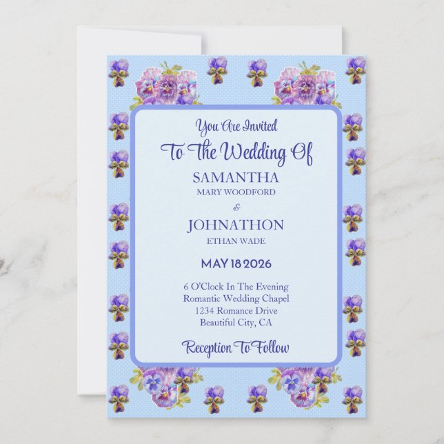 Blue Shabby Chic Flower Wedding Invitation (Front)