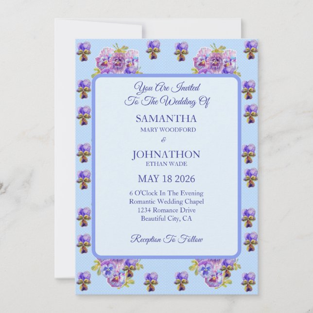 Blue Shabby Chic Flower Wedding Invitation (Front)