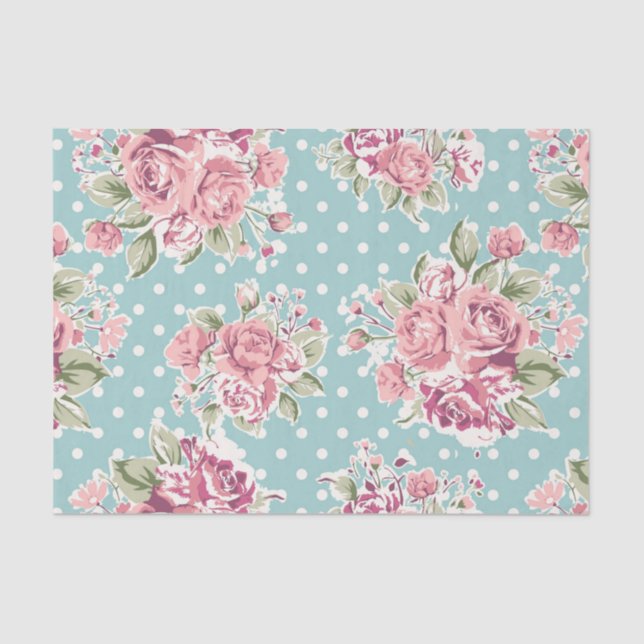 Blue ,shabby chic,polka dot white,floral pink,fun, tissue paper (Front)