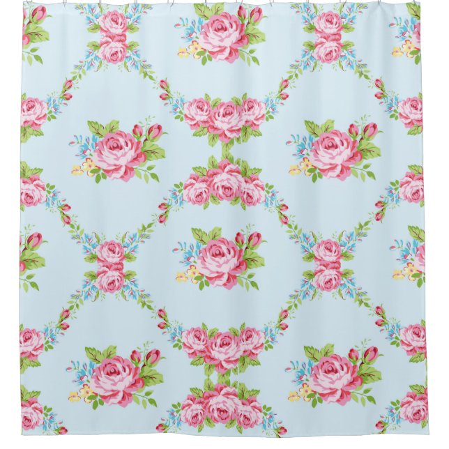 blue,shabby chic,roses,floral,victorian,garland, shower curtain (Front)