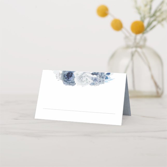 Blue Shade Flowers Elegant Boho Wedding Place Card (Front)