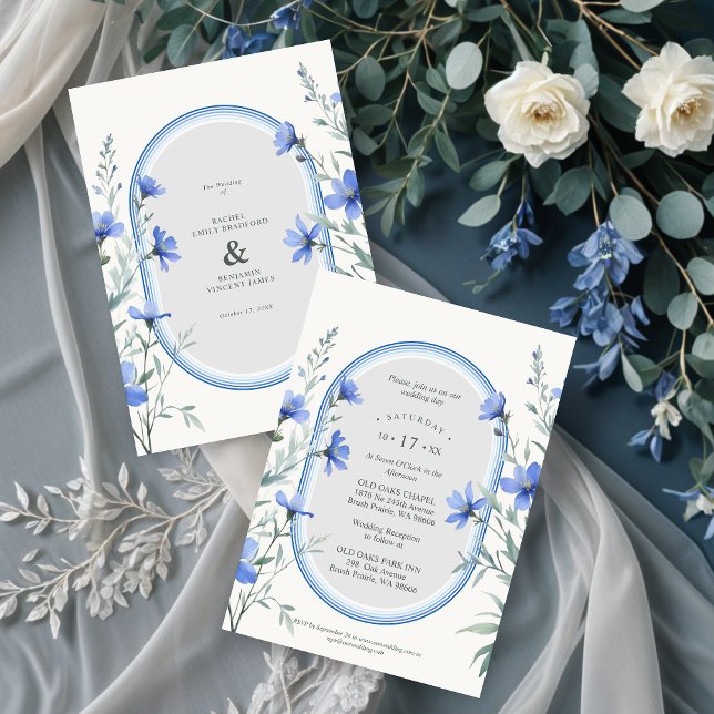 Blue Shades Chic Botanical Wildflowers Branches Invitation (Delicate Blue Shades Cherish Botanical Wildflowers Branches Wedding Invitations. )