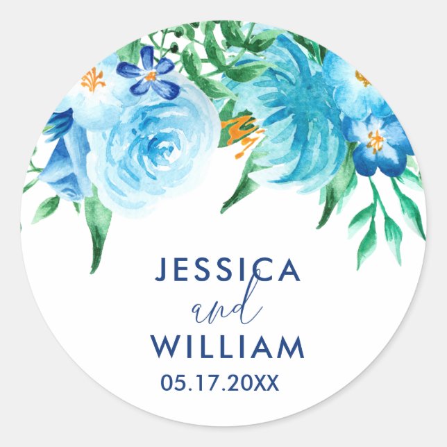 Blue Shades Florals Watercolor  Wedding Classic Round Sticker (Front)
