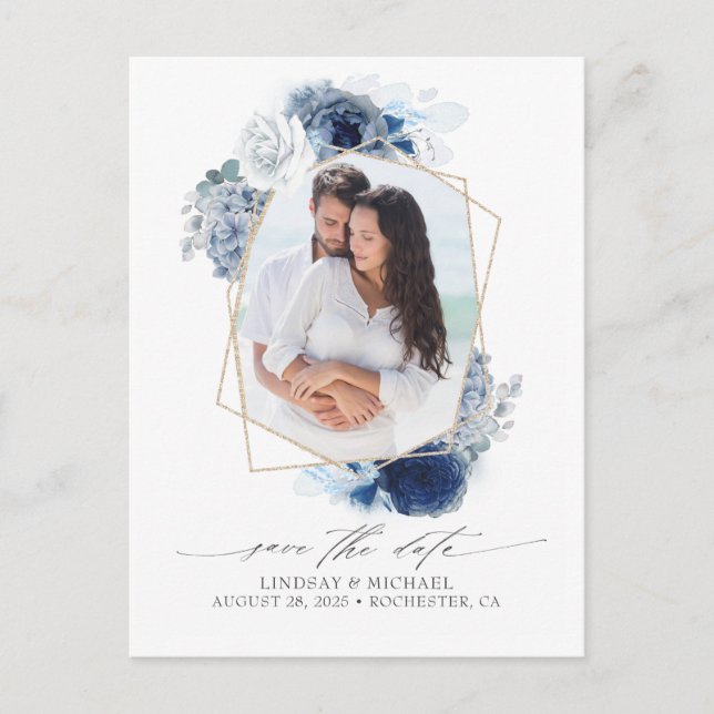 Blue Shades Flowers Save the Date Photo Announcement Postcard (Front)