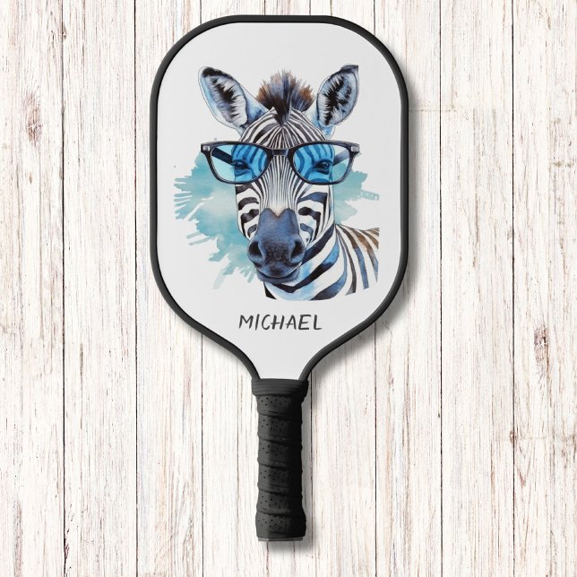 Blue Shades Silly Zebra Modern Monogram Pickleball Paddle (Creator Uploaded)