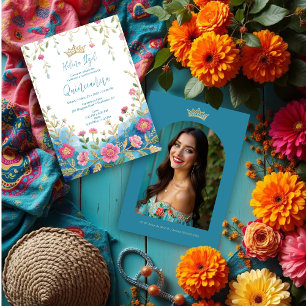 Blue Shades Spanish Mexican XVs Floral Border Invitation