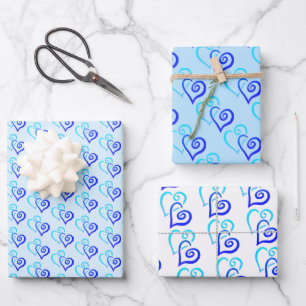 Blue Shades Two Linked Heart Pattern Wrapping Paper Sheet