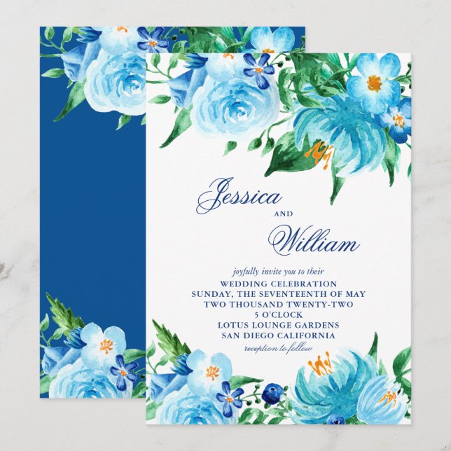 Blue Shades Watercolor Florals Wedding Invitation (Front/Back)
