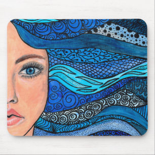 Blue Shades Wavy Hair Lady Original Artwork Mouse Mat