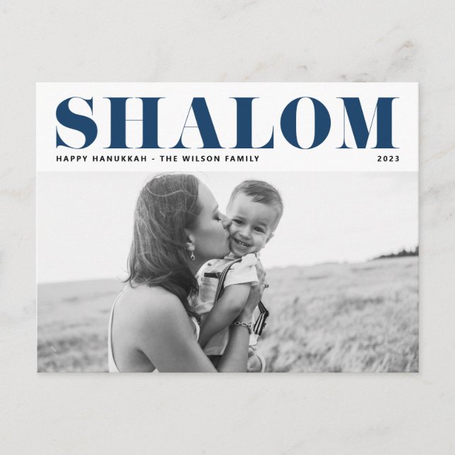 Blue Shalom Bold Typography Hanukkah Photo Holiday Postcard (Front)