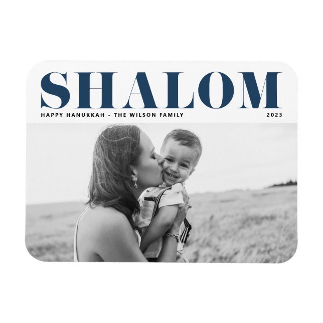 Blue Shalom Bold Typography Happy Hanukkah Photo Magnet (Horizontal)