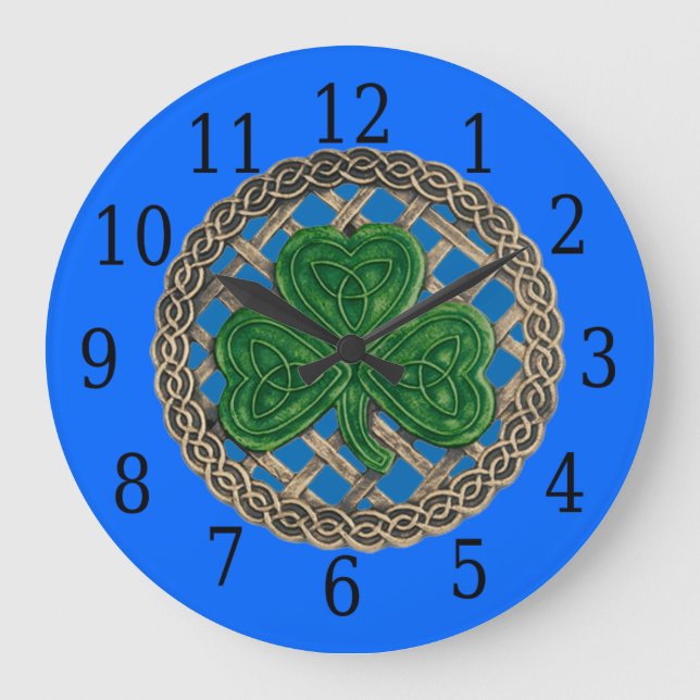 Blue Shamrock And Celtic Knots Round Clock (Front)