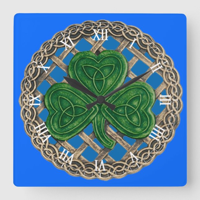 Blue Shamrock & Celtic Knots Roman Numeral Clock (Front)