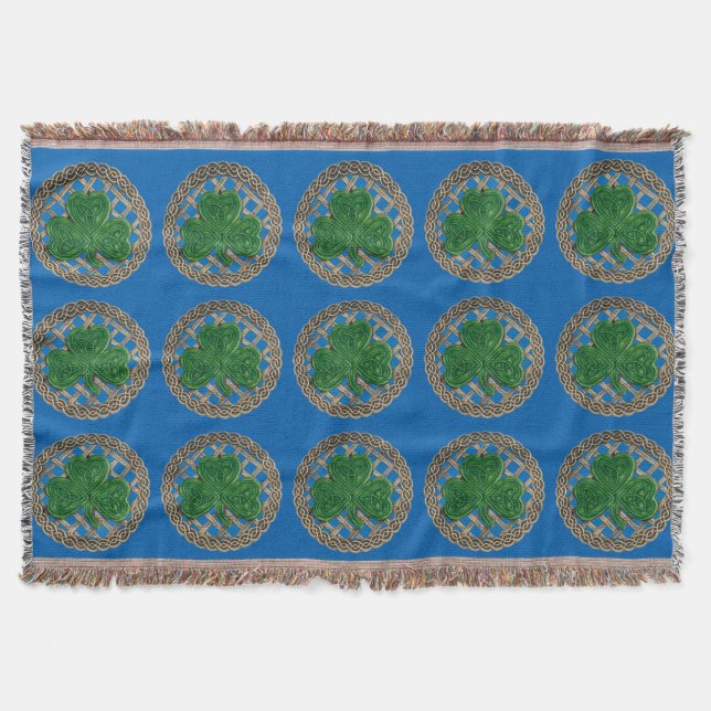 Blue Shamrock On Celtic Knots Throw Blanket (Front)