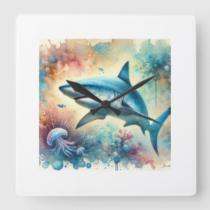 Blue Shark 110724AREF113 - Watercolor Square Wall Clock