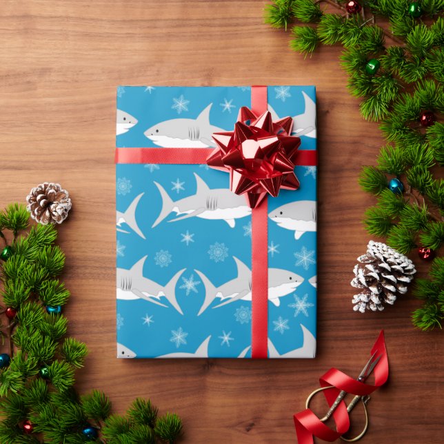 Blue Shark and Snowflake Christmas Design Wrapping Paper (Holiday Gift)