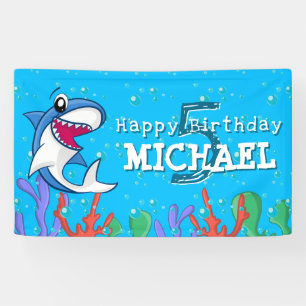 Blue Shark Cute Kids Birthday Pool Party Banner