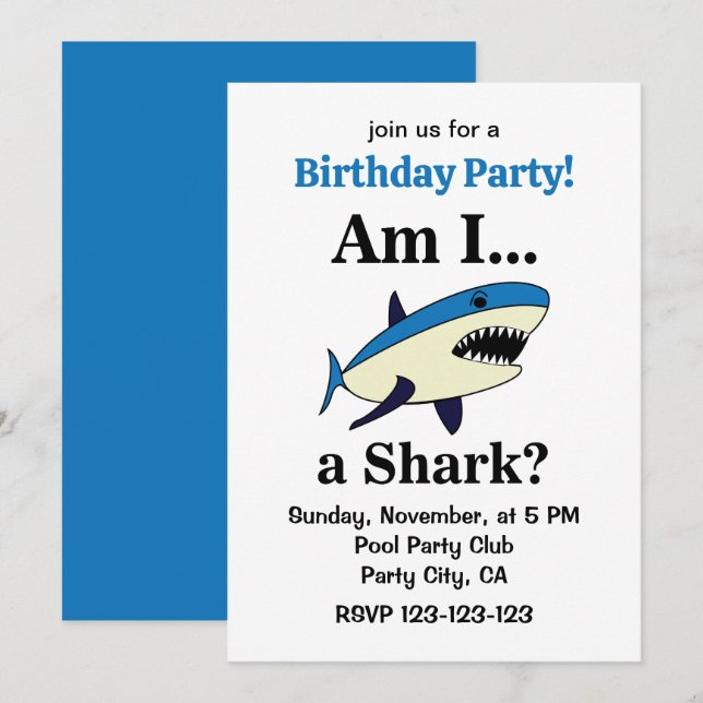 Blue Shark Funny Birthday Party Invitation (Front/Back)