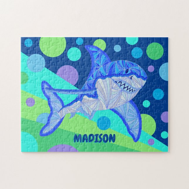 Blue Shark Great White Cool Personalised Kids Jigsaw Puzzle (Horizontal)