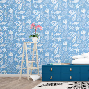 Blue Shark Leaves Starfish Fish Ocean Pattern Wallpaper