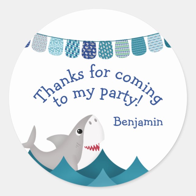 Blue Shark Nautical Birthday Favour Thank You Classic Round Sticker (Front)