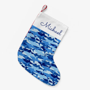 Blue Shark Pattern Add Your Name Small Christmas Stocking