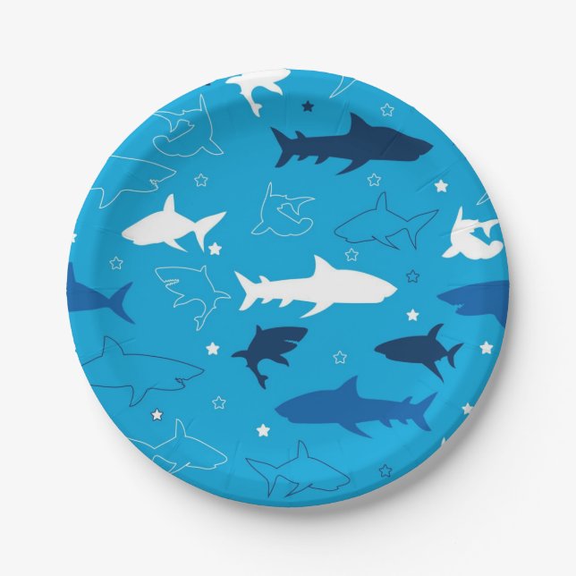 Blue Shark Pattern Birthday Party Paper Plates (Front)