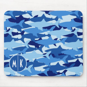 Blue Shark Pattern Monogram Mouse Mat