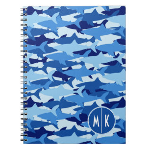Blue Shark Pattern   Monogram Notebook