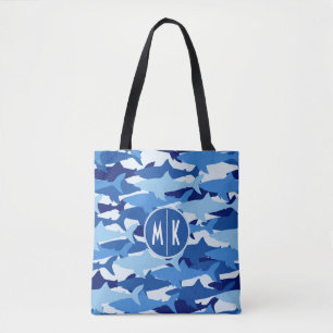 Blue Shark Pattern   Monogram Tote Bag