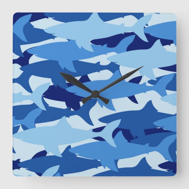 Blue Shark Pattern Square Wall Clock (Front)