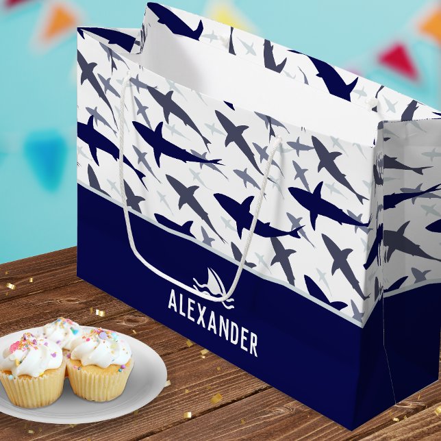 Blue Shark Pattern with Name Boy Birthday Party Large Gift Bag (Creator Uploaded)