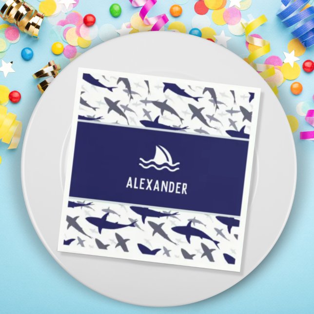 Blue Shark Pattern with Name Boy Birthday Party Napkin (Creator Uploaded)