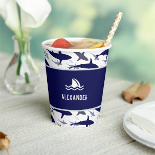 Blue Shark Pattern with Name Boy Birthday Party Paper Cups