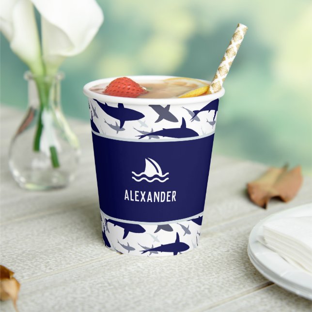 Blue Shark Pattern with Name Boy Birthday Party Paper Cups (Insitu)