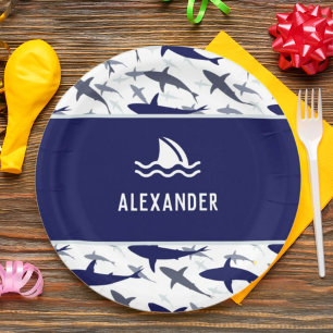Blue Shark Pattern with Name Boy Birthday Party Paper Plate
