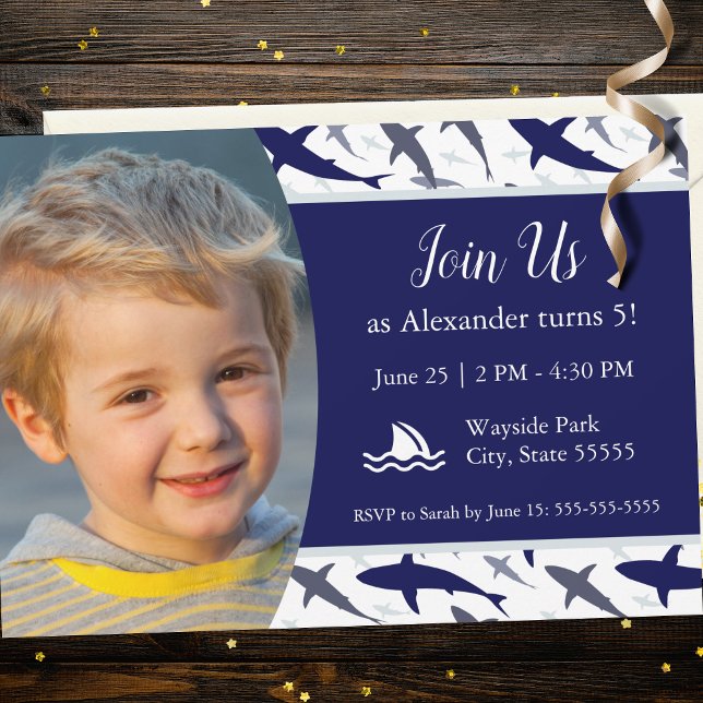 Blue Shark Pattern with Photo Boy Birthday Party Invitation (Creator Uploaded)